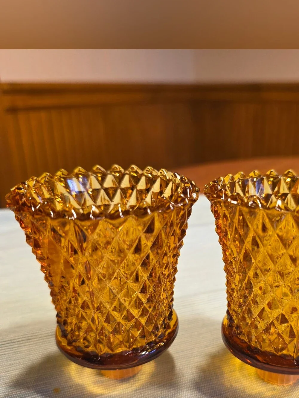 VTG MCM Amber Glass Diamond Point Peg Candle Cups Set Of 2